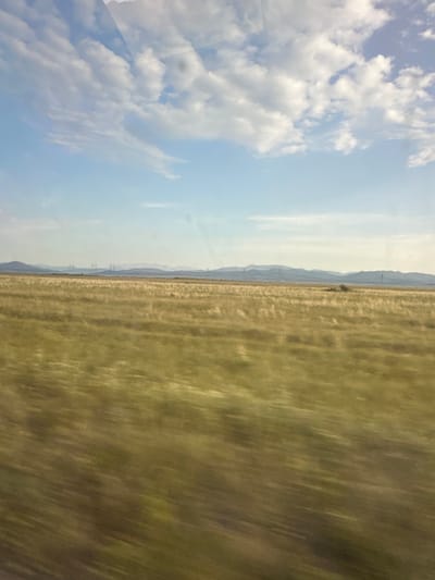 The image depicts a vast, open landscape divided into two distinct halves. On the left, a bright blue sky is filled with fluffy, white cumulus clouds. The sky transitions to a lighter shade of blue towards the horizon. On the right, a field of dry, golden-brown grass stretches out, appearing somewhat blurred due to motion, suggesting movement through the scene. The grass is textured with horizontal lines, indicating the direction of travel or wind. In the distance, a range of hazy, muted blue mountains forms the horizon line, creating a sense of depth. Several thin, vertical structures that resemble power pylons are visible in the far distance against the mountains. A lone, small tree is sparsely dotted on the landscape just before the mountain range. The overall impression is of a clear, possibly sunny day, with a feeling of wide-open spaces and perhaps travel. The light suggests it could be daytime, likely mid-morning or afternoon, given the brightness of the sky. No people, text, or specific objects are clearly identifiable, beyond the natural elements and the distant pylons.