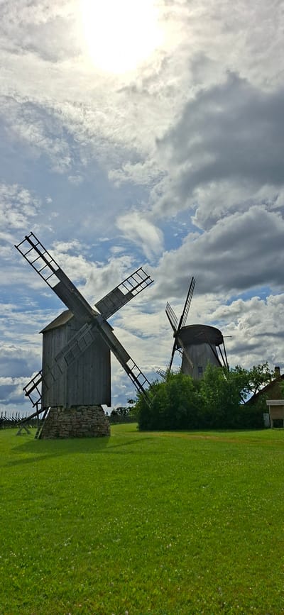 In Angla, Estonia, two weathered wooden windmills stand in a vast, green, grassy field under a partly cloudy sky. The sun, a bright, hazy orb, shines through the clouds in the upper left of the frame, casting dappled shadows on the grass. The windmill on the left is taller and closer to the viewer, its four wooden blades, missing some slats, angled upwards. It rests on a circular stone base. To the right, a second windmill is partially obscured by lush green foliage and trees. Its blades are also angled upwards. A wooden fence stretches across the middle ground to the left of the frame, and a portion of a building with a slanted roof is visible to the far right. The scene is devoid of any people or animals, presenting a serene, historical landscape.