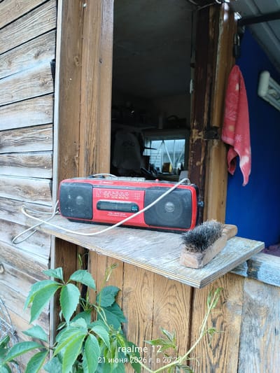 A red portable cassette player sits on a wooden shelf attached to a rustic wooden structure. A wire extends from the cassette player and is draped over the shelf. Next to the cassette player is a wooden brush with metal bristles. Green vines with broad leaves grow up the side of the wooden structure. In the background, through an opening, a dimly lit interior is visible. A pink towel with a floral pattern hangs on the right side of the structure. The lower right corner of the image displays text indicating "realme 12 21 июня 2026 г. в 20:23". The overall scene suggests an outdoor setting, possibly a shed or porch.