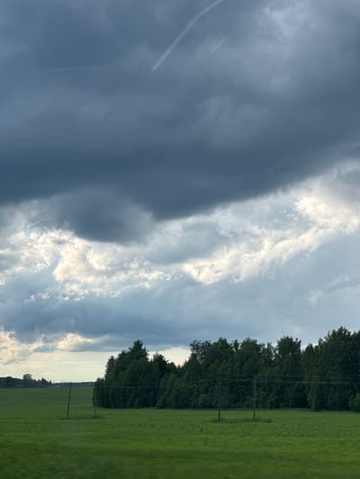 A wide-angle, eye-level shot captures a rural landscape under a dramatic sky. The foreground is dominated by a vast, flat, green field, suggesting it is either a pasture or a cultivated area. Two sparsely constructed, rustic wooden poles with wires stretched between them stand in the field, indicating some form of agricultural or utility infrastructure.
In the middle ground, a dense line of dark green trees forms a distinct barrier across the horizon, with some lighter green foliage visible on the right side of the tree line. The background is entirely consumed by a turbulent sky filled with layered clouds. The upper portion of the sky is a dark, ominous gray, transitioning to lighter grays and whites in the middle, and finally to a brighter, almost luminous band of white clouds towards the bottom, with hints of blue sky peeking through. Faint white contrails from aircraft are visible in the upper sky. The overall lighting suggests either an approaching storm or the aftermath of one, with diffused light illuminating the scene.
The location is identified as Krasnoyarsk, Russia, implying a natural or semi-natural environment within or near the city. There are no people or animals visible in the image, nor are there any discernible structures beyond the fence posts and the distant tree line. The scene is static and devoid of any human activity. The image appears to have been taken from a moving vehicle, as there is a slight motion blur on the grass in the immediate foreground, particularly on the left side.