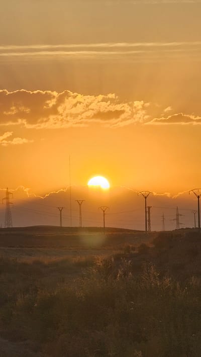This is a vertical, full-frame photograph of a sunset over a rural landscape. The sun is a bright, almost full orb of white light, partially obscured by a band of clouds along the horizon, casting a warm, orange glow across the entire scene. Above the sun, wispy, horizontal clouds are visible against a pale orange sky. Below the sun, the land is rolling and appears to be covered in dry grass and some scrubby vegetation in the foreground. Silhouetted against the bright sky are several power lines with large transmission towers of varying heights and designs. One tall, thin tower is positioned directly behind the sun, almost appearing to pierce it. The overall impression is one of a vast, open, and somewhat desolate landscape bathed in the warm light of a setting sun. The location is identified as Muel, Spain. There are no people or animals visible in the image. The scene is static, focusing on the natural and man-made elements of the landscape under a dramatic sky.