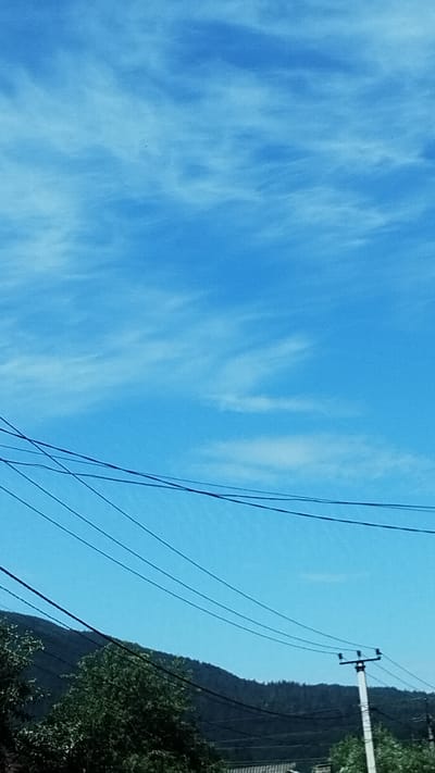 An outdoor, low-angle, vertical shot captures a bright blue sky with wispy, white clouds. Several dark power lines stretch horizontally across the frame, creating a layered effect against the sky. In the lower portion of the image, a dark, tree-covered mountain range is visible, with the silhouettes of trees in the foreground on the left. A white utility pole with crossbars and insulators stands on the right side of the frame, with additional power lines emanating from it. The scene appears to be an outdoor landscape with elements of both nature and infrastructure.