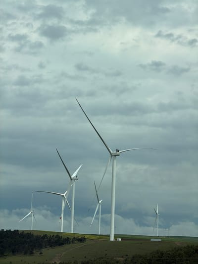 The image depicts a wind farm under a cloudy sky. Multiple white wind turbines are visible, their blades standing out against the gray background. The turbines are situated on a grassy field, bordered by trees. Electrical power lines are also visible. The location appears to be near Tedotsminda, Georgia based on visual characteristics.
