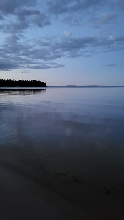 This image depicts a serene, natural landscape at dusk or dawn. The foreground consists of a dark, wet sandy beach with subtle indentations or footprints. The majority of the frame is occupied by a calm body of water, likely a lake or sea, reflecting the soft, diffused light of the sky. Gentle ripples on the water's surface create subtle patterns. In the mid-ground, a dense line of dark trees silhouettes against the lighter sky, marking the edge of a landmass. The sky itself is a gradient of soft blues and grays, with scattered, wispy clouds. The overall atmosphere is tranquil and still. The location is identified as Zaostrov'e, Russia, suggesting a northern latitude and potentially a summer evening or morning given the twilight conditions. There are no people or man-made structures visible in the scene, emphasizing the natural and undisturbed character of the environment.