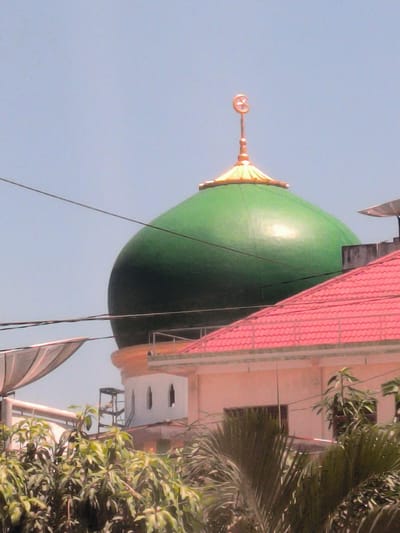 The image depicts the green dome of a mosque in Meunasahalue Ie Puteh, Indonesia, topped with a golden crescent and star symbol. The dome rises above a building with a pink tiled roof. In the foreground are trees and foliage. A satellite dish is visible to the left of the dome. Power lines cross the frame. The sky is light blue.