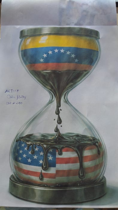 The image is an hourglass containing flags. The left bulb features Venezuela's flag, while the right bulb showcases the USA flag. Instead of sand, thick black oil flows from the Venezuelan side into the American side, suggesting a resource transfer. The artwork is signed "Artist Chin Jhatty" with "CM #=40" below the name. The style is realistic, emphasizing the oil's viscous nature.