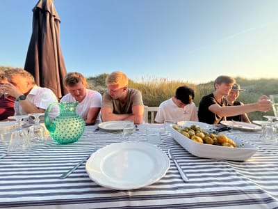 An outdoor dining scene unfolds in the coastal area of Skagen, Denmark, under a clear, late afternoon sky with a golden hue on the horizon. Six individuals, all appearing male, are seated around a long table covered with a blue and white striped tablecloth. From left to right: an individual in a dark shirt is partially visible; an older man in a white short-sleeved shirt, wearing a dark watch, has his right hand near his face; a younger man in a white t-shirt looks down at the table; another young man in a light brown t-shirt is looking down with his arms crossed; a fifth young man in a white t-shirt also looks downwards. On the far right, a young man in a black t-shirt smiles while extending his right arm, holding a clear drinking glass; behind him, another individual in a cap is partially visible.

The table is set with multiple white plates, silverware, and clear drinking glasses. A distinctive teal-colored glass pitcher with a textured, bumpy surface is prominently placed in the foreground. A large white oval serving dish filled with small roasted or boiled potatoes garnished with green herbs sits centrally on the table. Behind the seated individuals, a large, closed brown umbrella stands, partially obscuring a view of sandy dunes covered in tall, dry dune grass. The overall scene depicts a relaxed, informal meal gathering in a natural, open environment.