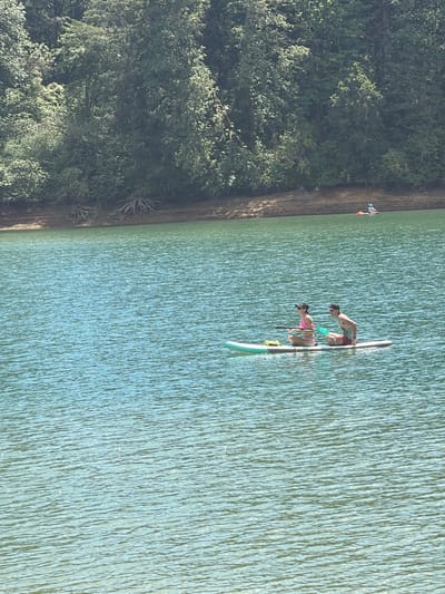 In Cherry Grove, United States, a serene lake is depicted under a bright, sunny sky. The water, a vibrant turquoise, is slightly rippled, reflecting the sunlight. On the water, a paddleboard is occupied by two individuals. A woman in a pink bikini and a black cap sits on the front, holding a paddle. A man in red shorts and a grey tank top sits behind her, also holding a paddle. They appear to be enjoying a leisurely paddleboarding session. In the background, a lush, dense forest with a variety of green trees lines the shore of the lake. The shoreline itself is a mixture of sand and exposed tree roots, hinting at the natural, undeveloped beauty of the location. Further in the distance, another person is visible on a paddleboard, adding to the sense of recreational activity on the water. The overall scene is one of peaceful outdoor enjoyment in a picturesque natural setting.