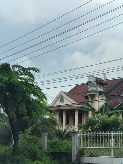 A large, multi-story house with a red tiled roof is visible in the background, partially obscured by trees and power lines. The house features a prominent white structure with columns and an ornate upper section with a circular window. A white metal fence runs along the front of the property, with a concrete gatepost visible to the left. Lush green vegetation, including trees and bushes, surrounds the house and fence. Several power lines stretch across the sky in the foreground. The sky is overcast with a light gray hue, and small dark specks, possibly birds or insects, are scattered throughout. The image appears to be taken from a street-level perspective, suggesting it is located in a residential or semi-rural area. The architecture of the house and the surrounding vegetation suggest a tropical or subtropical climate.