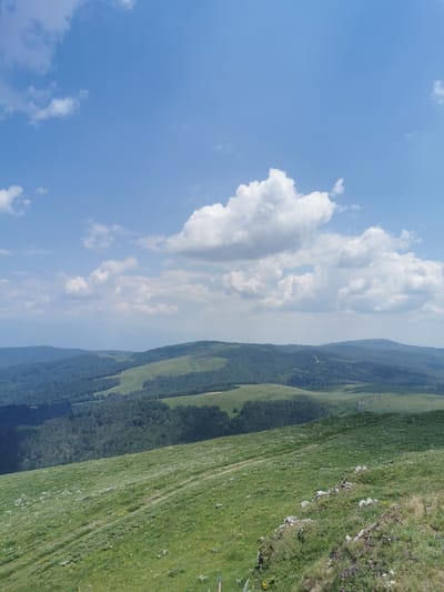 The image depicts a scenic overlook of rolling green hills and mountains under a bright blue sky dotted with fluffy white clouds. In the foreground, a grassy slope is visible, with a worn path winding through it and scattered rocks and wildflowers. The midground features more hills, some covered in dense forest and others with open, grassy expanses. The background shows a further range of mountains fading into the distance. The scene is a natural landscape, likely a hiking trail or viewpoint. The location is specified as the city of Brestovo, Bulgaria. There are no people or discernible objects other than natural elements and the path visible in the image.