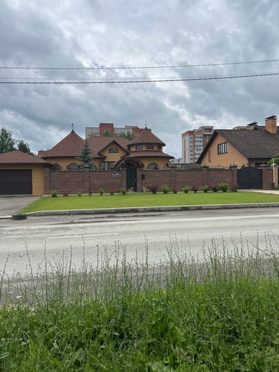 A street view captures a brick fence enclosing a large, well-maintained property with a two-story house and an attached garage. The house features a distinctive brown, multi-peaked roof and yellow brick walls. A wrought iron gate is visible on the right side of the fence. In the foreground, tall green grass and weeds line the edge of the asphalt road. In the background, modern apartment buildings rise above the tree line. The sky is overcast with heavy clouds. The scene is located in Medvedevo Urban Settlement, Russia.