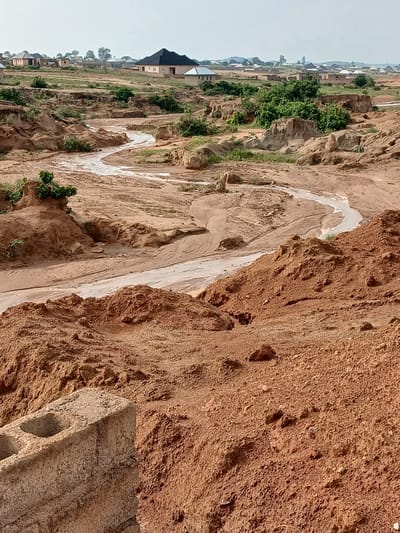 The image depicts a scene of significant erosion in a semi-arid environment, likely in Delimi, Nigeria, as indicated by the presence of residential buildings characteristic of the region in the background. A winding, muddy watercourse cuts through the landscape, carving deep channels into the reddish-brown soil. The banks of the watercourse are steep and irregular, with evidence of past landslides and the dislodged earth creating mounds and ridges. Sparse vegetation, including small trees and shrubs, clings to some of the more stable areas. In the foreground, a concrete block lies on the reddish soil, suggesting ongoing construction or recent material placement. The sky is overcast, casting a diffused light over the scene. The overall impression is one of a landscape undergoing rapid environmental change, with the forces of water and soil erosion clearly at play.