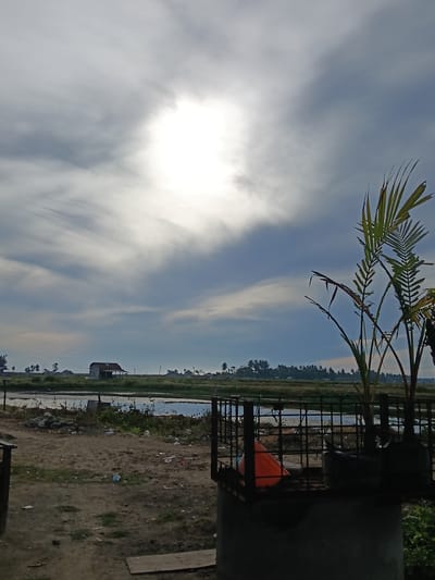The image captures a rural landscape in Sangso, Indonesia, under a bright, partially clouded sky. In the foreground, to the right, a portion of a concrete structure is visible, topped with a black metal cage containing two potted plants and a bright orange object. A palm-like plant with thin fronds extends into the upper right corner of the frame. The ground in the immediate foreground is sandy and appears littered with various pieces of trash, including plastic bottles and wrappers.
Beyond this, a body of water, possibly a pond or flooded field, is present. The middle ground features a narrow strip of green vegetation and a simple, dilapidated building with a rusty roof. In the background, a dense line of palm trees stretches across the horizon, with smaller structures interspersed among them. The sky is dominated by large, wispy clouds that partially obscure a very bright sun, creating a diffused, luminous effect. The overall scene suggests an outdoor, undeveloped area.