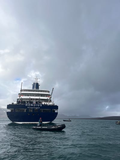 A large cruise ship, named “Hondius Vlissingen,” sits anchored in choppy, dark water near a mountainous shoreline. A smaller inflatable boat is alongside the ship, with people visible either boarding or disembarking. The sky is overcast with heavy, grey clouds, suggesting a cool, possibly stormy day. The water is dark, adding to the somber atmosphere.