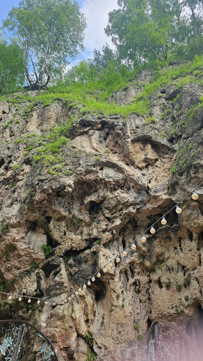 The image depicts a natural rock cliff face with sparse vegetation growing on its ledges and in crevices. A string of incandescent light bulbs, strung on a wire, hangs diagonally across the lower portion of the cliff. At the very bottom of the frame, a portion of an ornate metal structure, possibly a gate or railing with artificial vines, is visible. The top of the cliff is adorned with lush green trees, their branches reaching towards a partly cloudy sky. The scene appears to be located in a natural outdoor setting, possibly a park or a hiking area, within the city of Krasnyy Kurgan, Russia. There are no people visible in the image.