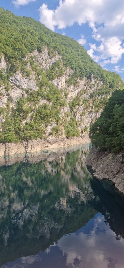 The image depicts a picturesque view of a river canyon in Bezuje, Montenegro. Steep, tree-covered mountains rise on either side of a calm, deep blue river. The rocky cliffs are dotted with lush green vegetation. The water reflects the surrounding mountains and the sky, creating a mirror-like effect. The sky above is a bright blue, scattered with fluffy white clouds. The scene is tranquil and evokes a sense of natural beauty and serenity.