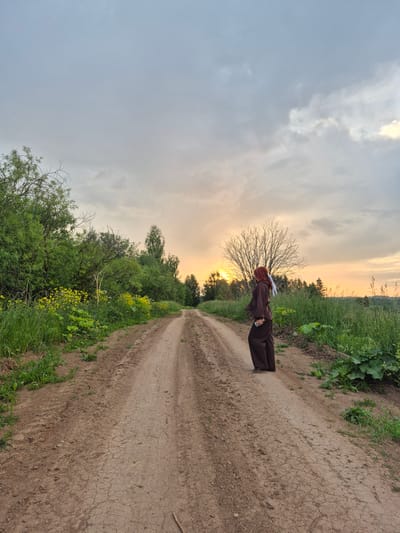 A lone person in a brown abaya and red hijab stands on a dirt road in Doinaya, Russia, looking towards a sunset that casts a warm glow over the landscape. The road, which stretches into the distance, is flanked by lush green trees and fields, with a few scattered wildflowers adding pops of yellow. The sky is a mix of grey clouds and soft orange hues from the setting sun, creating a serene and tranquil atmosphere. The person appears to be holding a phone in their right hand, and their left hand is slightly extended, possibly gesturing or balancing. The overall scene evokes a sense of peace and contemplation amidst the natural beauty of the Russian countryside.