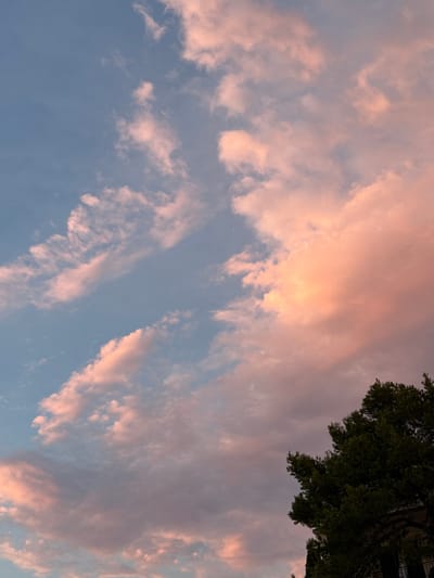 The image shows a sky with scattered clouds tinged with pink and orange hues, suggesting either sunrise or sunset. The clouds are textured and vary in density. In the lower right corner of the image, the dark green foliage of a tree is visible, along with a portion of a building. The lighting indicates it is likely late afternoon or early evening. No people are present in the frame. The setting appears to be outdoors, in a location that features trees and buildings, consistent with an urban or suburban environment. Considering the prompt's reference to Primošten, Croatia, this scene could be a view of the sky over that coastal town.