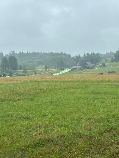 The image depicts an outdoor scene on a cloudy day, likely in a rural or semi-rural area, given the presence of a meadow, forest, and scattered buildings. In the foreground, a dense field of green grass dominates, with some patches of dry, golden grass intermingled. Small yellow wildflowers are visible scattered throughout the grassy areas.

In the mid-ground, a path or road winds through a field of dry, golden grass. To the left of this path, a small, dark-colored building with a yellow structure attached to its side is visible, and next to it are two white vehicles. Further along the path, a bright green structure, resembling a slide or a toboggan run, is situated on a grassy slope. Beyond this, a cluster of buildings with dark roofs, some appearing to be houses or lodges, are nestled on a hillside. A narrow, winding road or path is visible leading up the hill past these buildings, and more trees form the backdrop. In the far distance, a dense forest covers rolling hills. A small, rustic-looking building with a thatched roof is visible on the far right of the mid-ground. The sky is overcast and appears hazy, suggesting overcast or rainy weather.

Without further information or context, it is not possible to definitively identify the location as Sabile, Latvia, or any specific site within it. However, the landscape features are consistent with rural or scenic areas that might be found in Latvia.