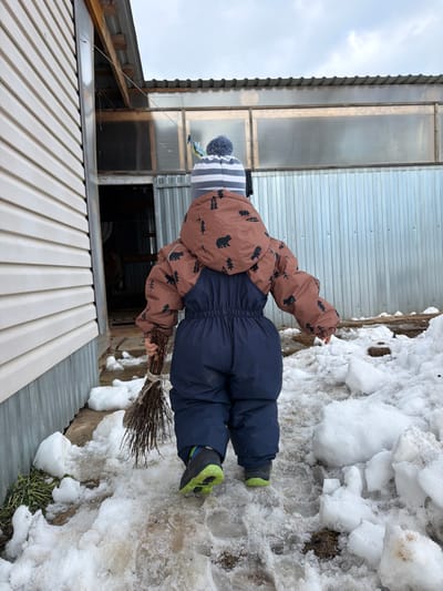 A young child, viewed from behind, walks through a snowy outdoor area in Уром, Russia. The child is wearing a brown and dark blue full-body winter suit; the upper brown section features black bear and pine tree patterns, and the lower dark blue section is cinched at the waist. A grey and white striped knit beanie with a grey pom-pom covers the child's head, and dark winter boots with bright green soles are on their feet. In their right hand, the child holds a small bundle of thin brown branches, tied together with light string, resembling a whisk broom. The ground is covered with melting snow, ice, and slush, with visible footprints. To the left, a light-colored building with horizontal siding is present, featuring a dark doorway opening further back. In the background, a structure composed of corrugated galvanized metal sheeting on its lower half and translucent corrugated material forming window-like panels above is visible under an overcast sky.