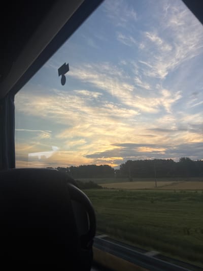 The image shows a view through a car sunroof. The sky is visible, filled with streaky clouds and a golden glow, likely from sunrise or sunset. The edge of a forested area or trees can be seen on the right side, transitioning into a field. A car seat is visible in the foreground, partially obscuring the view. A sticker is stuck to the sunroof. The scene appears to be taken while the car is moving, and shows the road alongside a field or the countryside. I cannot determine the exact location in the city of Obrenovac Urban Municipality, Serbia, from this image.