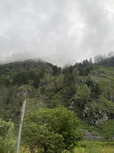 This is a photograph of a misty, mountainous landscape in the city of Uznezya, Russia. The foreground is dominated by lush green trees and foliage, with a blurred effect suggesting movement, possibly from a vehicle. A thin, vertical pole, potentially a fence post or sign, is visible on the left side of the frame, with faint colored markings. The middle ground features a steep, rocky mountainside covered in dense green vegetation and scattered trees. The upper portion of the image is obscured by thick fog and clouds, which partially shroud the peaks of the mountains. The overall atmosphere is somber and moody due to the overcast weather and the pervasive mist. There are no people visible in the scene.