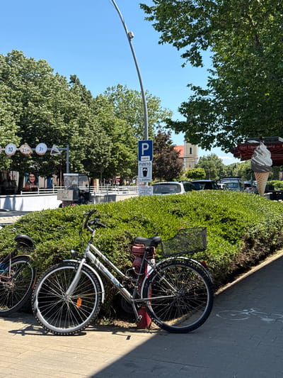 The image captures a street scene in Siófok, Hungary. A silver bicycle with a basket is propped against a trimmed green hedge along the sidewalk. The sidewalk is made of paving stones. A painted bicycle lane symbol is visible on the sidewalk. The background includes a street with parked cars, trees, street signs indicating parking zones, and a sign advertising ice cream. In the distance is a church with a tower. The sky is clear and blue.
