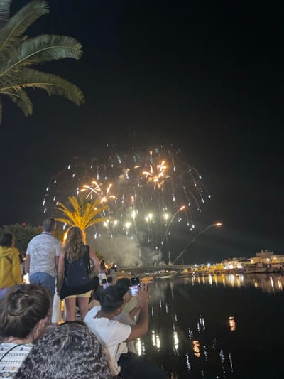 This image captures a nighttime scene in Tavira, Portugal, likely during a fireworks display over the Gilão River. A crowd of people is gathered on the riverbank, facing away from the camera and towards the river. In the foreground, several individuals are visible from the back, with some holding up phones to capture the event.

The background is dominated by a dark sky illuminated by numerous bursts of fireworks. The fireworks are varied in color, with bright whites, yellows, and oranges. Some trails of smoke and sparks are visible descending from the explosions.

A palm tree with its fronds spread out is positioned in the middle ground, with some of its leaves silhouetted against the dark sky and illuminated by the fireworks. Across the river, the cityscape of Tavira is visible, with buildings lit up and their reflections shimmering on the dark water. A bridge spans the river in the distance. The Gilão River itself is dark, reflecting the lights from the city and the fireworks above.