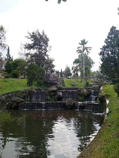 The image depicts a landscaped park featuring a multi-tiered artificial waterfall and pond. In the foreground, a dark body of water occupies the lower half of the frame, showing reflections of the overcast sky and surrounding vegetation. Above this pond, a series of dark, rectangular stone or concrete steps form a cascade, with water flowing over at least three visible tiers. Large, dark boulders are integrated into the waterfall structure and along its edges, some covered in green moss or small plants.

To the right of the water feature, a strip of manicured green grass runs along the edge of the pond. Behind the waterfall, a gently sloping hill is covered in vibrant green grass. Various trees are present across the landscape; these include several tall evergreens, a prominent tall palm tree, and other deciduous trees of varying heights and foliage densities. In the upper left background, parts of buildings with pitched roofs and light-colored walls are visible, situated on higher ground amidst the trees. The sky is bright, largely overcast, and light gray. There are no people visible in the scene. The location is a city park or landscaped area within Weintiapa, Liberia.