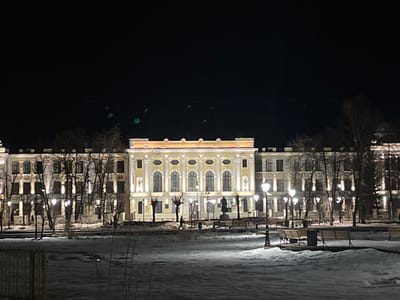 The image depicts a grand, multi-story building at night in the city of Kozlovo, Russia, viewed across a snow-covered park or square. The central portion of the building features a yellow-beige facade with ornate architectural details, including arched windows and decorative elements, illuminated by exterior lighting. Flanking sections extend horizontally, appearing in a lighter, possibly greyish tone, also illuminated. A dark, clear night sky occupies the upper portion of the frame, showing several blue-green lens flares.
The foreground is a park area covered in irregular patches of snow and dark ground, suggesting a winter environment. Numerous bare deciduous trees are scattered throughout the park. Multiple streetlights with bright globes illuminate the ground and parts of the trees. Several park benches are visible, some partially covered in snow. A dark-colored statue or monument on a pedestal stands directly in front of the central building, slightly to the left. One indistinct human figure is observed walking from left to right on a path near the right side of the central building. No other individuals or significant interactions are discernible.