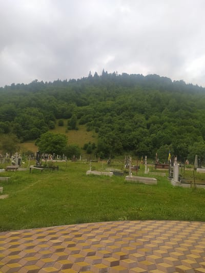 The image depicts a cemetery scene in Luhy, Ukraine. In the foreground, a patterned pathway of yellow and brown paving stones is visible. Beyond the pathway, a grassy area contains numerous gravestones and crosses, indicating a burial ground. Some gravestones are simple and stone, while others are more elaborate, featuring crosses and decorative elements. Two wooden benches are also present within the cemetery. In the background, a dense, green forest covers the slope of a hill, reaching towards a cloudy, overcast sky. The overall atmosphere is somber and still, consistent with a cemetery environment.