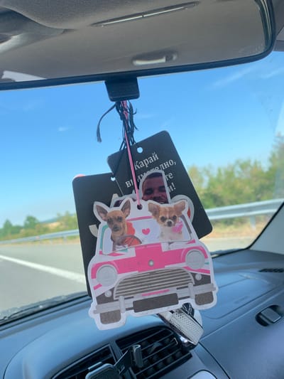 This media file captures a close-up view from inside a car, looking out through the windshield. The primary subjects are car accessories, specifically a car air freshener hanging from the rearview mirror. The air freshener is a novelty item, featuring a pink cartoon-style car with two chihuahua dogs inside. The dogs appear to be illustrated or printed onto the air freshener, giving it a playful and whimsical feel. The air freshener is attached to a black tag with some visible text. The tag also has a small hole punched in it, and a string made of black and pink threads is attached, through which it hangs from the mirror.

The background shows a bright, clear sky, suggesting it is daytime. The weather appears to be sunny and fair. Beyond the sky, a blurred landscape of green trees and a road can be seen, indicating the car is in motion, likely on a highway or a rural road. The interior of the car is partially visible, including the dashboard with a black textured surface and a car vent. The rearview mirror itself is also visible, mounted on the windshield.

The visible text on the black tag is in Cyrillic script and appears to read: "Виграй!" and "Скард". This suggests the air freshener might be related to a contest or promotion. The overall mood evoked by the image is casual and cheerful, with the novelty air freshener adding a touch of personality to the car's interior. The image was taken in Zheleznik, Bulgaria.