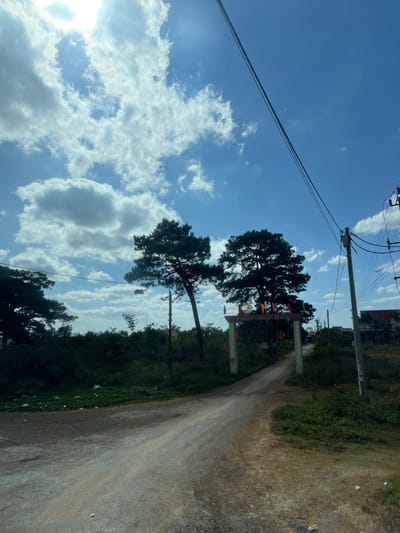 A dirt road stretches into the distance, flanked by green foliage on the right. Trees line the road on the left, partially obscuring a decorative entrance with colorful flags. A bright, partly cloudy sky fills the upper portion of the image, with power lines cutting across the upper left. The sun shines brightly from the lower left corner.
