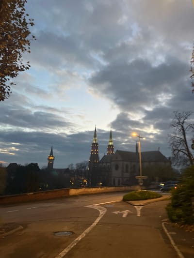 An elevated viewpoint captures an urban scene in Obernai, France, during dusk or early evening under a heavily clouded sky. In the foreground, a dark asphalt road curves to the right, marked with faded white lines including a prominent left-turn arrow and a "straight or turn left" arrow. A circular grassy median with a signpost stands at the curve's apex on the right. A manhole cover is visible on the road surface. A low, light-colored brick wall defines the edge of the road, behind which the terrain slopes downwards. To the immediate left, out-of-focus deciduous tree branches with autumn-colored leaves partially frame the sky.

The midground features illuminated streetlights casting an orange glow, with one tall streetlight prominently positioned on the right side of the frame, illuminating the road and a section of a building. A parking area with multiple parked vehicles is partially visible behind the grassy median to the right. Bare trees with intricate branches are visible against the skyline on the right.

The background is dominated by the architectural landmarks of Obernai. The Collegiate Church of Saints Peter and Paul (Église Saints-Pierre-et-Paul) stands centrally with its distinctive twin spires, each featuring several illuminated tiers of yellow-orange light, contrasting with the dark stone of the church body and the dimming sky. To the left of the church, the Kappelturm (belfry) is visible, a single, thinner tower with a pointed spire, also illuminated at its upper section. Other indistinct buildings and trees are visible in the distance, with faint lights indicating further urban activity. No people are present or discernible in the image.