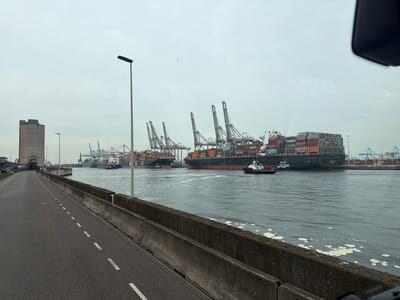 The image depicts a waterfront scene at Maasvlakte Rotterdam, Netherlands. Several large container ships are docked and being loaded or unloaded by cranes. Two tugboats are in the water near the ships. A road runs along the waterfront, separated from the water by a concrete barrier. A tall concrete building and street lights are visible in the background. The sky is overcast.