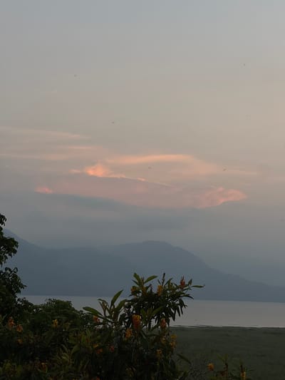 The image captures a landscape in Santa Cruz de Yojoa, Honduras. The sky occupies the upper portion, displaying hues of orange and gray, indicative of either sunrise or sunset. A mountain range is seen in the distance, shrouded in a bluish-gray haze. A body of water stretches alongside the mountain range, reflecting the sky's colors. In the foreground, foliage with green leaves and small orange flowers frames the view, adding depth to the scene. The general atmosphere suggests a tranquil, natural setting.
