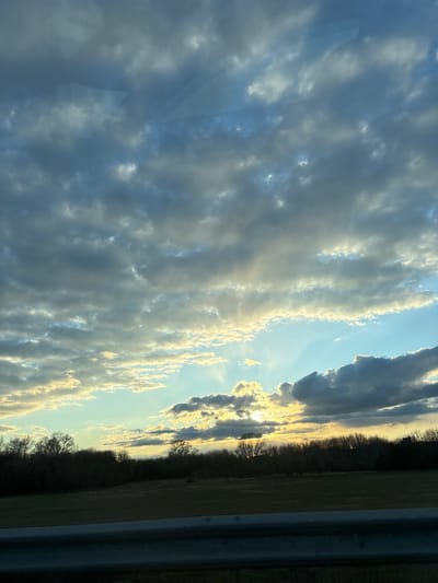 The image displays a serene rural landscape under a dramatic sky, captured likely during sunset or sunrise, given the warm, golden light. The perspective suggests it was taken from a moving vehicle, with a dark, indistinct strip resembling a road or barrier visible along the lower right edge.

The vast sky dominates the scene, filled with an array of clouds. These clouds range in color from soft blues and grays to brilliant golden-white, intensely illuminated by the low-lying sun, which is obscured behind them. Streaks of light, known as crepuscular rays, fan out from behind the brightest clouds, creating a striking visual effect against the darker sky areas. The cloud formations are layered and textured, appearing soft and voluminous.

Along the horizon, stretching across the mid-right of the frame, is a dense line of trees, silhouetted in dark tones against the bright sky. Their bare branches suggest a winter or early spring season. To the left of the trees, a wide expanse of grassland or agricultural field extends, bathed in the soft, diffused light, appearing in muted greens and browns. The overall impression is one of natural beauty and tranquility, with the dynamic sky as the focal point. There is no visible text in the image. The scene is consistent with an open, rural environment like Камаево, Russia.