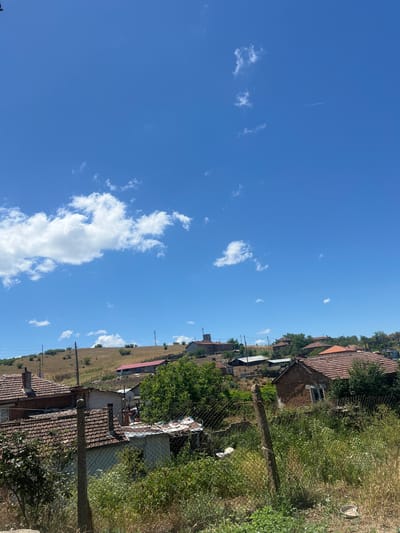 The image depicts a rural scene in Zidarovo, Bulgaria, on a bright, sunny day with a clear blue sky dotted with white clouds. The foreground is dominated by a chain-link fence and overgrown vegetation, including grass and bushes. Behind the fence, several houses with terracotta tile roofs are visible, nestled on a gently sloping hillside. Some of the houses appear older, with brickwork and weathered structures, while others seem to be newer. Trees and shrubs are scattered throughout the area, adding to the rural atmosphere. In the background, more houses and utility poles are scattered across the landscape, with the hillside continuing upwards. The overall impression is one of a quiet, semi-rural village life under a vast, open sky.