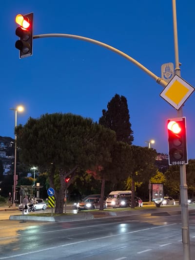 This media file captures a street scene at dusk in Kartal, Turkey. The sky is a deep twilight blue, transitioning from the day. A traffic light, with its top red and middle yellow lights illuminated, hangs above the road, indicating a stop or caution. Beside it, a diamond-shaped road sign with a yellow center and white border is mounted on a pole, along with a circular sign featuring a stylized hand-like symbol within a gear shape, common in Turkish road signage.

Below the traffic light, another traffic signal displays a red light. The wet asphalt reflects the streetlights and vehicle headlights, suggesting recent rain or a damp road surface. Several vehicles are visible, including a white car, a dark-colored sedan, and a white van. People are seen near a bus stop, with one individual walking and others appearing to be waiting or interacting. A scooter with riders is also present.

A large, dense evergreen tree dominates the mid-ground, its branches reaching towards the sky. In the background, houses are visible on a hillside, illuminated by lights, indicating a residential area. The overall atmosphere is calm and serene, typical of early evening in a city. The visible text on the traffic light pole reads "19-012". The presence of Turkish signage confirms the location context.