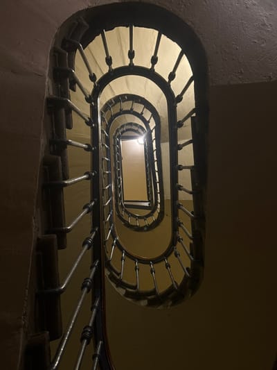The image displays an upward-angled view of a multi-story, indoor spiral staircase, located within a building in Roanne, France. The prominent feature is a dark-colored, possibly wrought iron or painted metal balustrade, intricately designed with repeating oval or U-shaped motifs, complemented by lighter metallic vertical balusters and horizontal rails. The stairwell walls are a uniform, textured light yellowish-tan. A single artificial light source is visible high within the stairwell, casting illumination primarily on the upper levels, while the lower sections recede into shadow. No individuals, actions, or interactions are present in the scene.