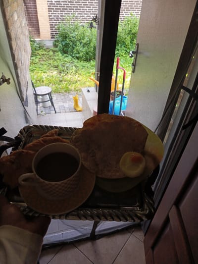 The image shows a tray of food placed on a metallic stand, viewed through a screened door. On the tray, there is a cup of dark coffee, some pastries, and a plate with what appears to be a breakfast item, possibly a crepe or pancake, topped with a fried egg. The scene outside the screen is a garden with lush green foliage and a brick wall in the background. A red watering can and a blue bucket are visible, along with a stool and a yellow object, possibly a boot. The lighting suggests it is daytime. The presence of the screened door and the garden setting implies an outdoor or semi-outdoor dining experience, possibly on a patio or porch. The overall mood appears to be peaceful and relaxed, perhaps a leisurely breakfast. There is no visible text in the image. The location context is Alexandrovskaya, Russia.