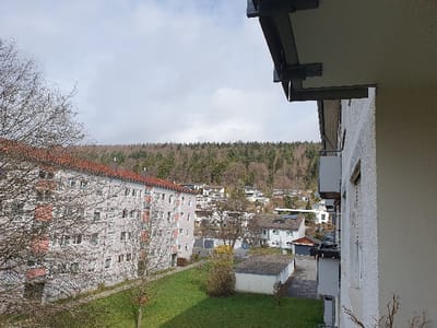 This image, captured from an elevated perspective in a residential area of Tuttlingen, Germany, depicts a static outdoor scene. The viewpoint is from the upper section of a light-colored building, with its dark overhanging eaves and multiple light-gray-railed balconies partially visible on the right. In the midground, a five-story residential apartment building with a red tiled gable roof, light gray and reddish-pink facade panels, and numerous rectangular windows occupies the left portion of the frame. A large, bare deciduous tree partially obscures the front of this building. Between the foreground structure and the apartment building, a green lawn contains several small trees and bushes. Beyond the lawn, a paved surface leads to an arrangement of detached single-family homes and garages. One detached house features solar panels on its roof. The background is dominated by a dense, forested hillside composed primarily of bare deciduous trees, indicating a non-summer season. The sky is overcast with varying shades of gray cloud cover. No people or active interactions are visible.