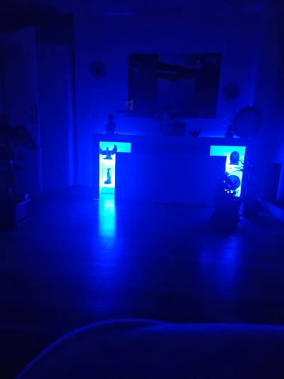 A dark room is illuminated by intense blue lighting. The scene appears to be an interior space, possibly a living room or hallway. In the center of the image is a long, white surface that appears to be a shelf or console, lit from below with blue light. On this surface, several objects are visible, including what looks like a vase, some decorative masks, and possibly a plant. To the left and right of this central area, the blue light creates a dramatic, almost otherworldly effect, reflecting off the dark wooden floor. A doorway or opening is visible in the center, also illuminated by blue light, revealing a glimpse of another space beyond. Two small figurines, one resembling an angel with spread wings and another standing figure, are placed within this illuminated opening. To the far left, a partially open white door with a dark handle is visible, and a shadowy silhouette of a plant can be seen. The overall ambiance is mysterious and moody due to the pervasive blue light and shadows. There is no identifiable connection to the city of Schongau, Germany, in the provided image.