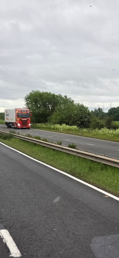 The image shows a red and white articulated lorry in motion on a multi-lane highway. The lorry is positioned on the left lane, with its headlights illuminated. The background consists of lush green trees and vegetation, suggesting a rural or semi-rural setting. In the distance, there are tall electricity pylons visible against a cloudy sky. The highway itself has white lane markings and a metal guardrail separating the road from the grassy verge. The perspective suggests the photo was taken from another moving vehicle on the same highway, looking towards the lorry. The overall impression is one of a typical daytime journey on a major road.