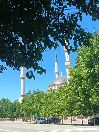 The image shows a mosque in Avtury, Russia, on a clear, sunny day. The mosque features a large dome and two tall minarets, one with a pointed spire. The building is surrounded by lush green trees, with some branches obscuring the view in the foreground. A street with parked cars is visible in front of the mosque, separated by a decorative fence and a row of trees. The sky is a vibrant blue.