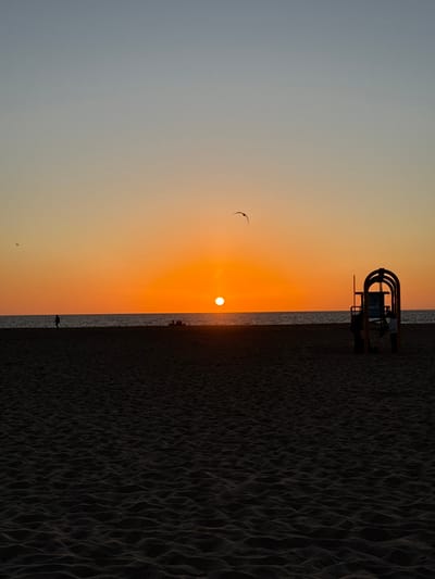 A beach scene depicts a vibrant sunset with a lifeguard stand silhouetted on the right. The sand covers the lower right portion of the frame, contrasted by the smooth gradient of orange sky. A single bird soars above the sun's glare, and small figures are visible along the horizon. The image is oriented sideways.