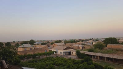 The image depicts a rural settlement in Kaka, Turkmenistan, during the late afternoon or early evening. The scene is characterized by a collection of low-rise buildings, primarily constructed from brick and adobe, with many featuring corrugated metal roofs. Green trees and dense vegetation, including what appears to be an orchard or vineyard in the foreground, are scattered throughout the settlement, suggesting a fertile area.
The sky transitions from a pale blue at the top to a soft, warm gradient of peach and pink near the horizon, indicating the setting sun. The overall atmosphere is tranquil and peaceful, with no visible human activity. Several houses have satellite dishes, suggesting a connection to modern amenities despite the rural setting. Other details include fences, pathways, and some open yards. The buildings vary in size and condition, with some appearing well-maintained and others more weathered. The sunlight casts long shadows, further emphasizing the time of day.