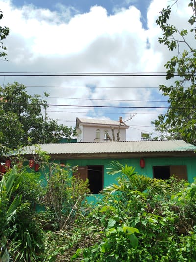 The image captures a scene in Xuan Son, Vietnam, depicting a small, weathered, green building with a corrugated metal roof, partially obscured by dense, lush green foliage. Two windows with wooden shutters are visible on the building's facade, and several red cylindrical lanterns hang from its exterior. Above this structure, a more modern, pale pink, multi-story building stands, also with a light-colored roof. The sky above is a mix of blue and white clouds. Power lines crisscross the upper portion of the frame, with trees framing the scene on both sides. The overall impression is one of a tropical, slightly overgrown environment.
