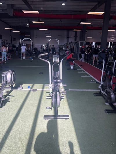 A gym interior with equipment arranged in rows on a green floor. People exercise on various machines. Sunlight streams in, casting shadows across the floor. A red-carpeted area is marked with white numbers, possibly for distance tracking. Weight racks are visible, and lighting fixtures line the ceiling. Exercise bikes and other fitness machines fill the space.