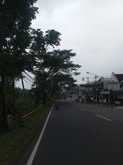 An asphalt road, marked with yellow lines, curves toward a town under a gray sky. Trees line the left side, with a metal guardrail separating the road from the greenery. Several motorbikes are traveling on the road, some moving away from the viewer. Buildings with storefronts can be seen in the distance, suggesting a commercial district. The image evokes a sense of transit and everyday life in a small town.